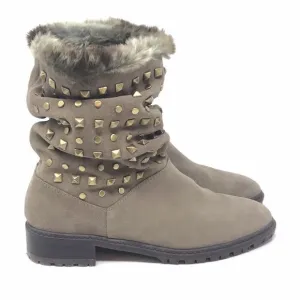 Stuart Weitzman Womens Size 6.5 N Taupe Suede Leather Studded Ankle Boots Fur