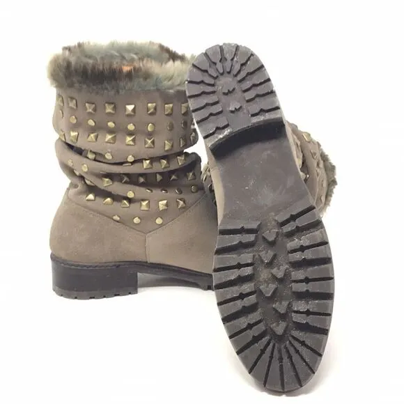 Stuart Weitzman Womens Size 6.5 N Taupe Suede Leather Studded Ankle Boots Fur