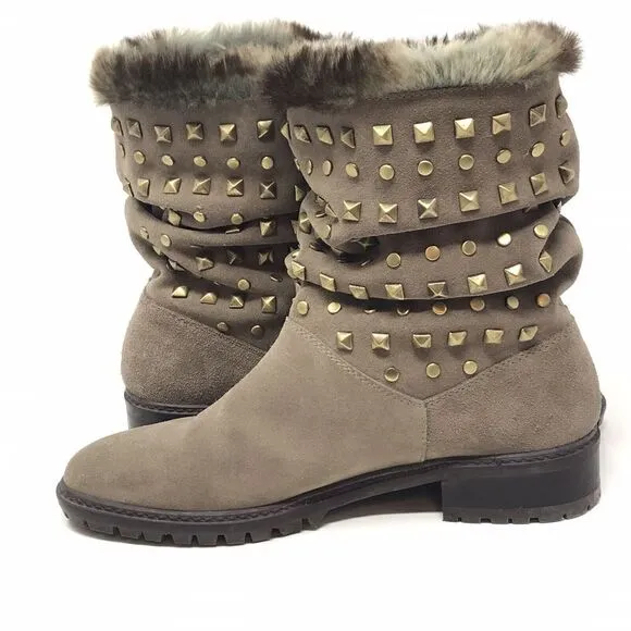 Stuart Weitzman Womens Size 6.5 N Taupe Suede Leather Studded Ankle Boots Fur