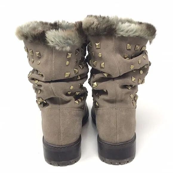 Stuart Weitzman Womens Size 6.5 N Taupe Suede Leather Studded Ankle Boots Fur