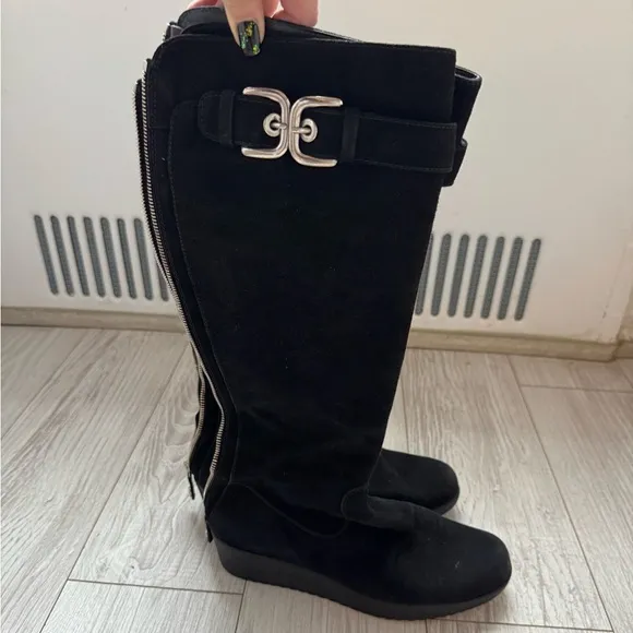 Stuart Weitzman Zip Suede Knee-high Black Wedge Boots Sz.38 M