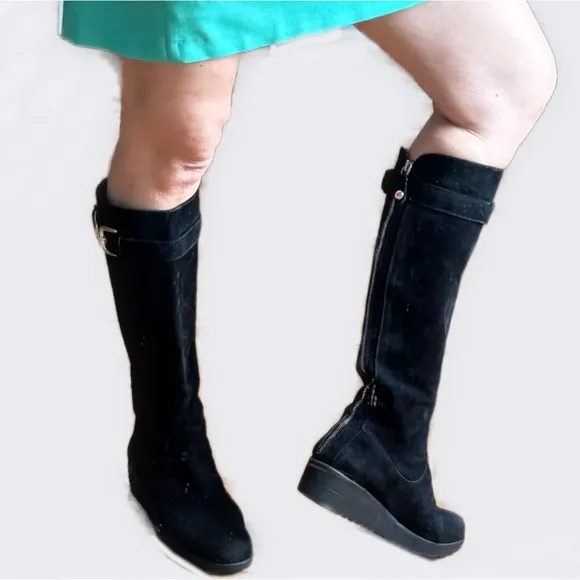 Stuart Weitzman Zip Suede Knee-high Black Wedge Boots Sz.38 M