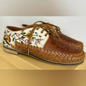Sundance Laidback London Tooled Leather Coriander Floral Embroidered 39 Boatshoe