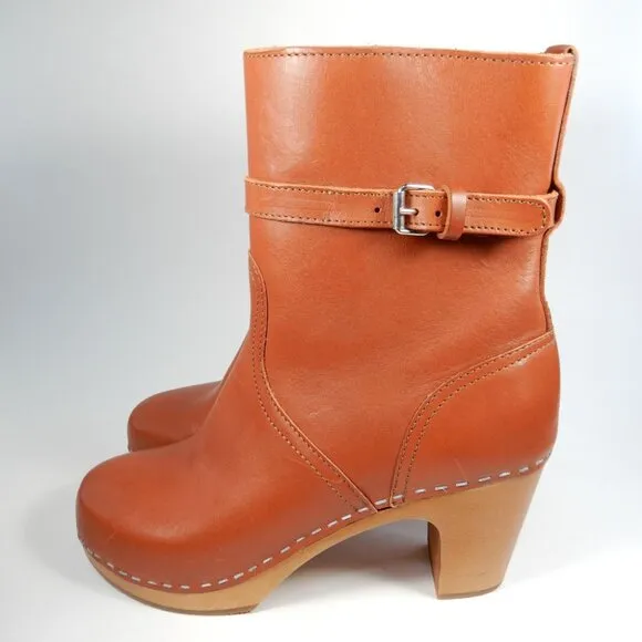 Swedish Hasbeens Jodhpur Clog Ankle Boots 39 8.5 9 Cognac Brown Leather NEW $420