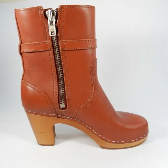 Swedish Hasbeens Jodhpur Clog Ankle Boots 39 8.5 9 Cognac Brown Leather NEW $420
