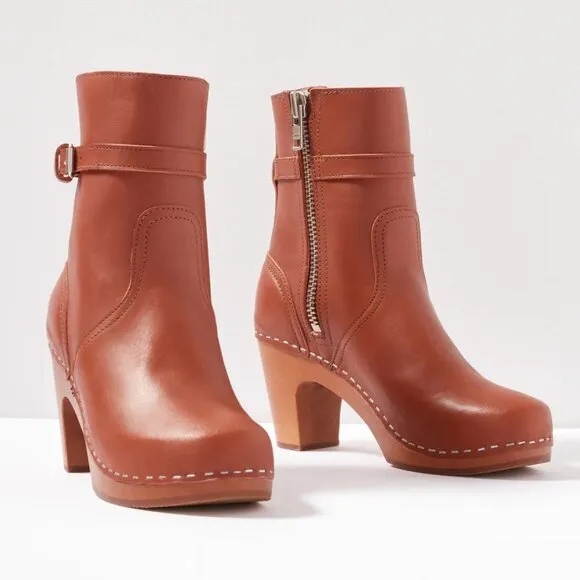 Swedish Hasbeens Jodhpur Clog Ankle Boots 39 8.5 9 Cognac Brown Leather NEW $420