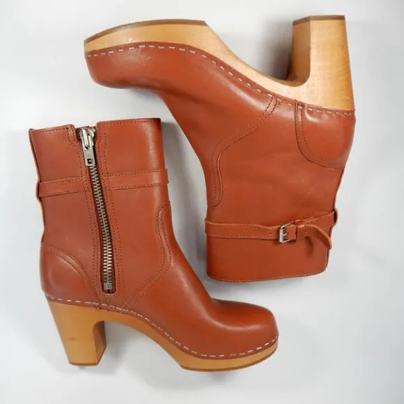 Swedish Hasbeens Jodhpur Clog Ankle Boots 39 8.5 9 Cognac Brown Leather NEW $420