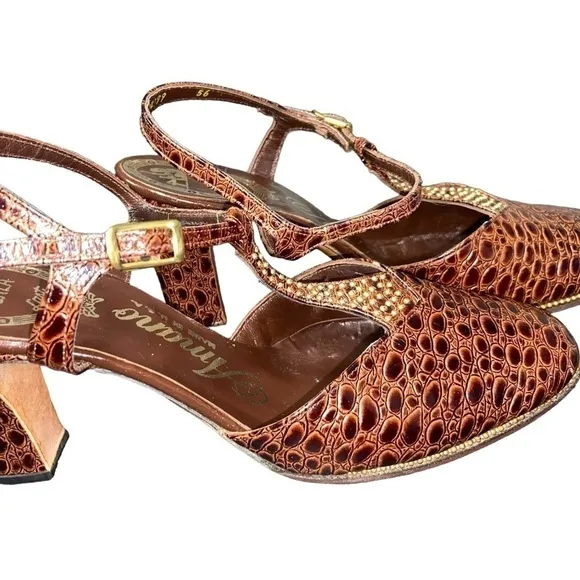 Sz 6.5 True Vintage 1960's AMANO Croc Embossed Gorgeous Embellished Heels