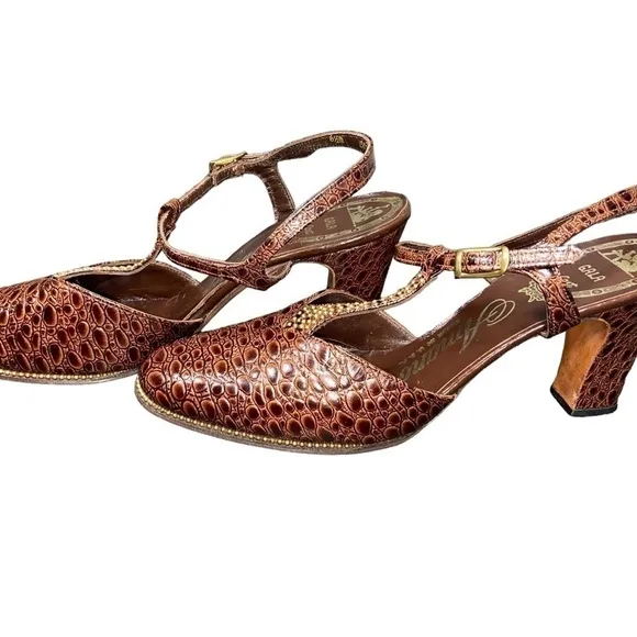 Sz 6.5 True Vintage 1960's AMANO Croc Embossed Gorgeous Embellished Heels
