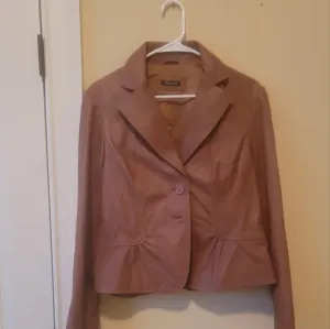 Tahari Brown Mauve Genuine Leather Puffy Sleeve Blazer Jacket Coat