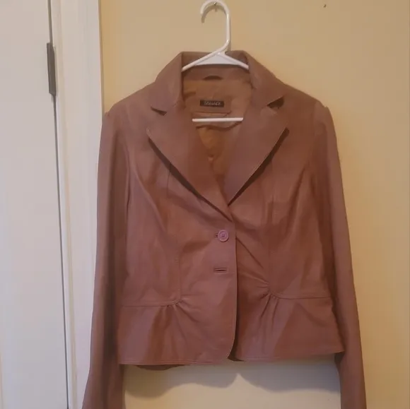Tahari Brown Mauve Genuine Leather Puffy Sleeve Blazer Jacket Coat