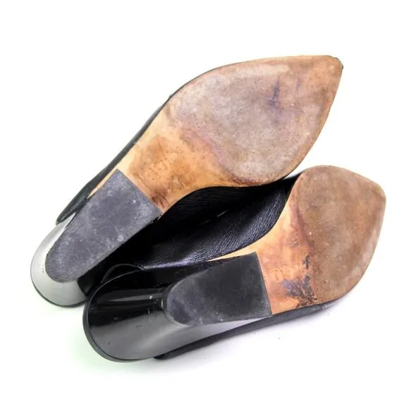 Tibi BLACK GENUINE LEATHER MID HEEL POINTED TOE SANDALS MULES SHOES Sz 38.5