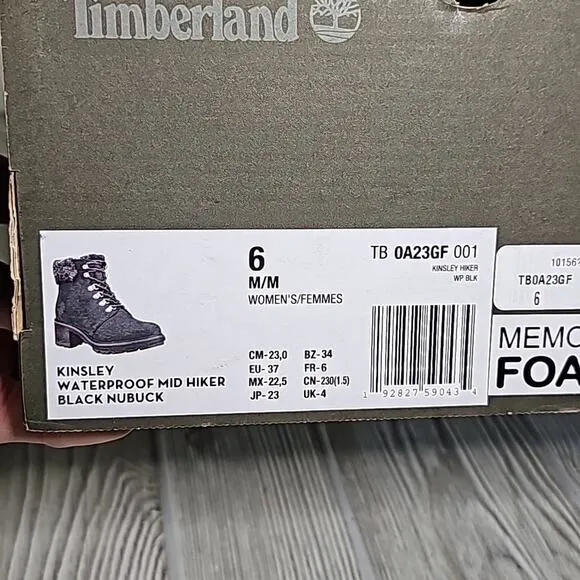 Timberland Kinsely Waterproof Mid Hiker Black Leather Boots Womens 6 NEW
