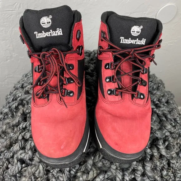 Timberland red &amp; black field hiker boots boys size 5, women’s size 7