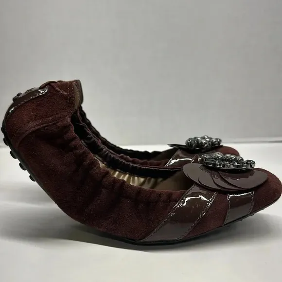 Tods Ballet Flats Slip On Shoes Jeweled Scrunch Back Italy Suede Brown Size 39 9