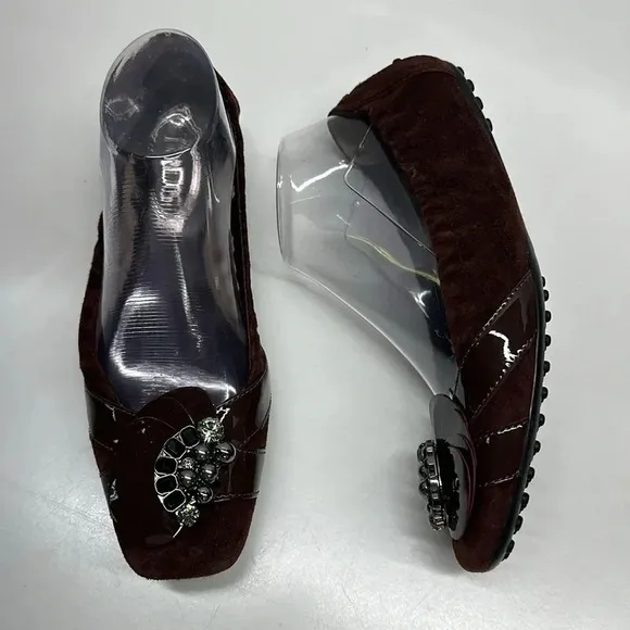 Tods Ballet Flats Slip On Shoes Jeweled Scrunch Back Italy Suede Brown Size 39 9