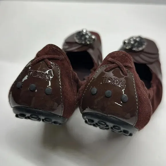 Tods Ballet Flats Slip On Shoes Jeweled Scrunch Back Italy Suede Brown Size 39 9