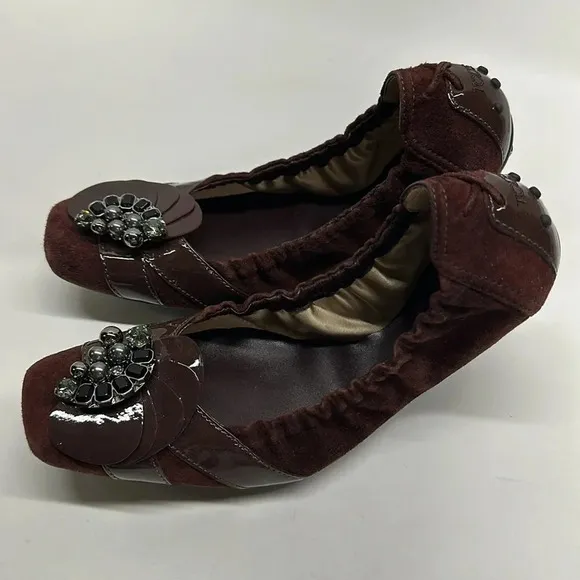 Tods Ballet Flats Slip On Shoes Jeweled Scrunch Back Italy Suede Brown Size 39 9