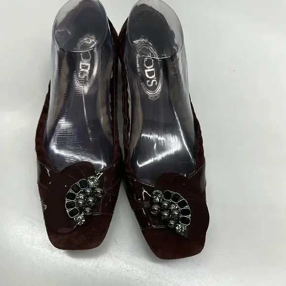 Tods Ballet Flats Slip On Shoes Jeweled Scrunch Back Italy Suede Brown Size 39 9