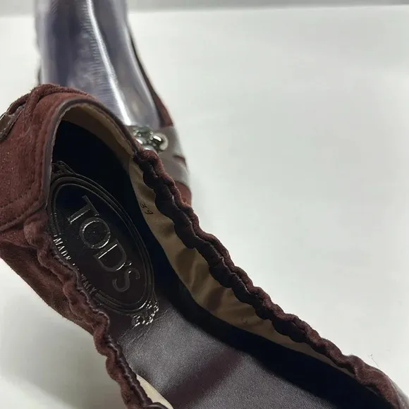 Tods Ballet Flats Slip On Shoes Jeweled Scrunch Back Italy Suede Brown Size 39 9