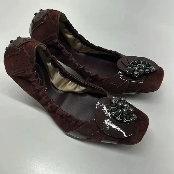 Tods Ballet Flats Slip On Shoes Jeweled Scrunch Back Italy Suede Brown Size 39 9