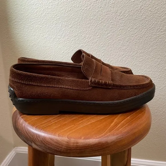 Tod's Shoes Mens 10 1/2 Brown Suede Driving Penny Loafer Slip On Moccasin