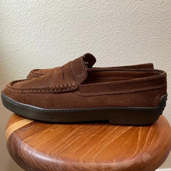Tod's Shoes Mens 10 1/2 Brown Suede Driving Penny Loafer Slip On Moccasin