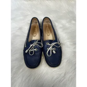 Tod's Women's Navy Blue Leather Boat Shoes Size 8.5 Casual Lace-Up flats loafer