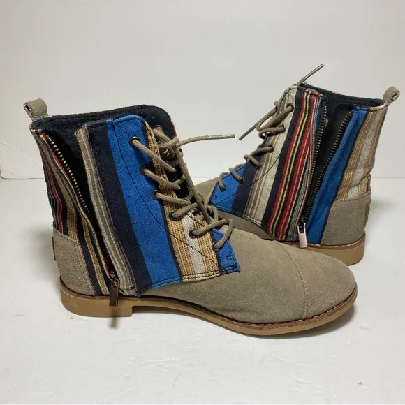 TOMS Women’s Alboot Multicolor Striped Cloth &amp; Suede Lace Up Boots Size 7.5