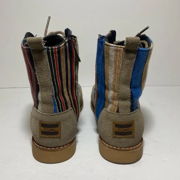TOMS Women’s Alboot Multicolor Striped Cloth &amp; Suede Lace Up Boots Size 7.5