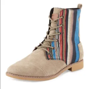 TOMS Women’s Alboot Multicolor Striped Cloth &amp; Suede Lace Up Boots Size 7.5
