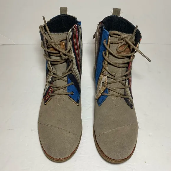TOMS Women’s Alboot Multicolor Striped Cloth &amp; Suede Lace Up Boots Size 7.5