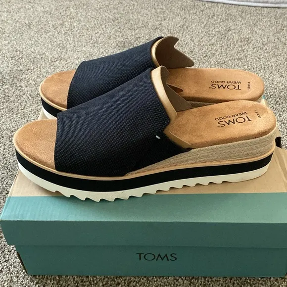 Toms Womens Diana Mule Black Canvas Slip On Wedge Mule Sandals Shoes New