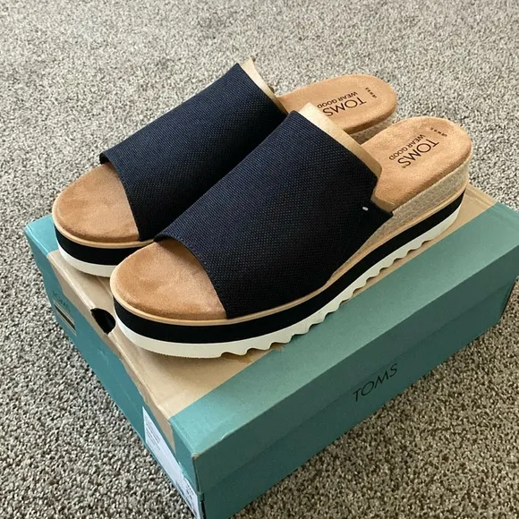 Toms Womens Diana Mule Black Canvas Slip On Wedge Mule Sandals Shoes New
