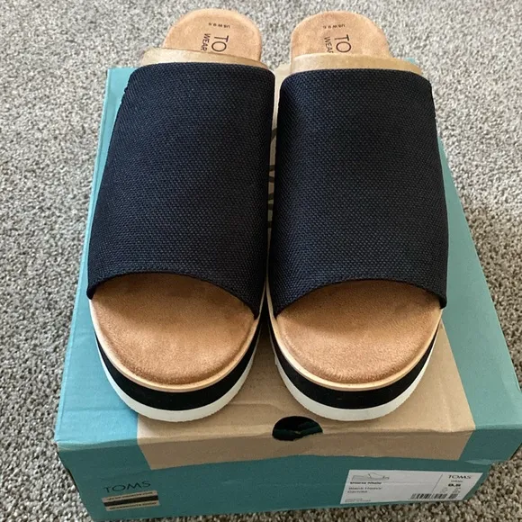 Toms Womens Diana Mule Black Canvas Slip On Wedge Mule Sandals Shoes New