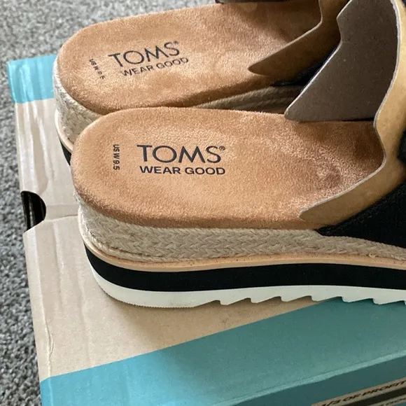 Toms Womens Diana Mule Black Canvas Slip On Wedge Mule Sandals Shoes New
