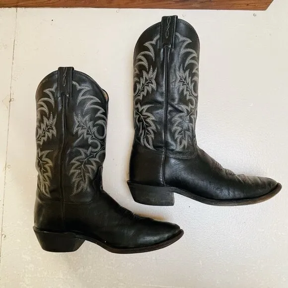 Tony Lama Black Leather Cowboy Boots Mens 8.5 D Segar Western Embroidered Rodeo