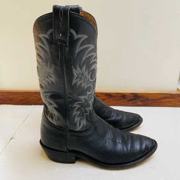 Tony Lama Black Leather Cowboy Boots Mens 8.5 D Segar Western Embroidered Rodeo