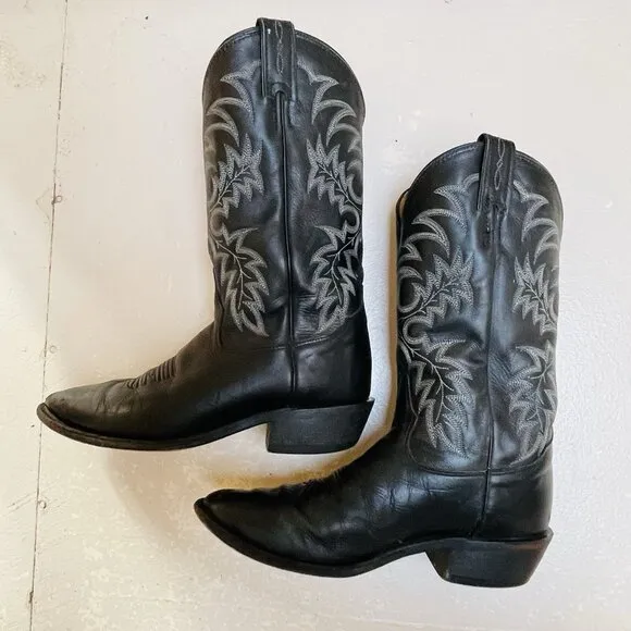 Tony Lama Black Leather Cowboy Boots Mens 8.5 D Segar Western Embroidered Rodeo