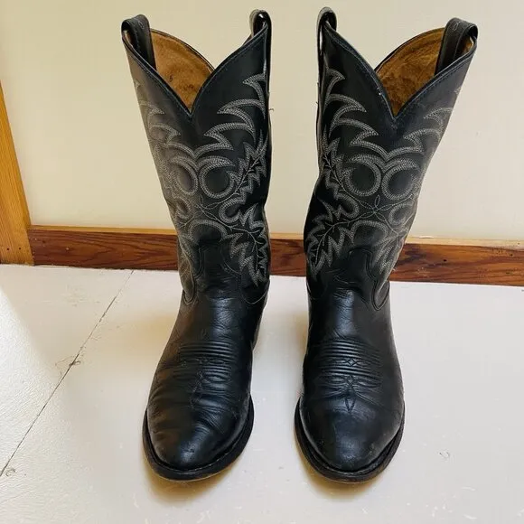 Tony Lama Black Leather Cowboy Boots Mens 8.5 D Segar Western Embroidered Rodeo