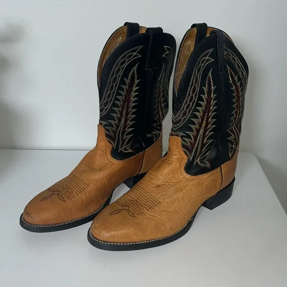 Tony Lama Brown/Black Leather Western Cowboy Boots Size 9.5 EE (Triple Wide)