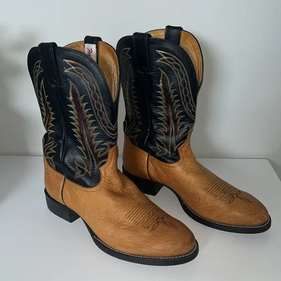 Tony Lama Brown/Black Leather Western Cowboy Boots Size 9.5 EE (Triple Wide)