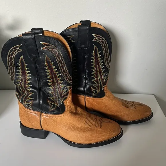 Tony Lama Brown/Black Leather Western Cowboy Boots Size 9.5 EE (Triple Wide)