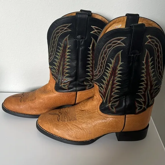 Tony Lama Brown/Black Leather Western Cowboy Boots Size 9.5 EE (Triple Wide)