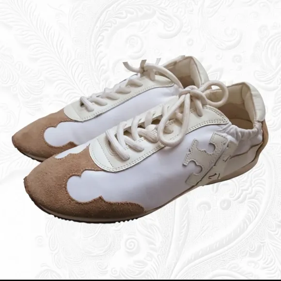 Tory Burch Cerbiatto Suede Leather Nylon Ivory/Tan Sneakers Size 7