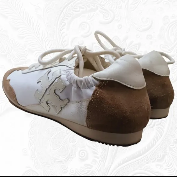 Tory Burch Cerbiatto Suede Leather Nylon Ivory/Tan Sneakers Size 7