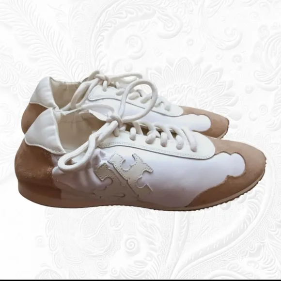 Tory Burch Cerbiatto Suede Leather Nylon Ivory/Tan Sneakers Size 7