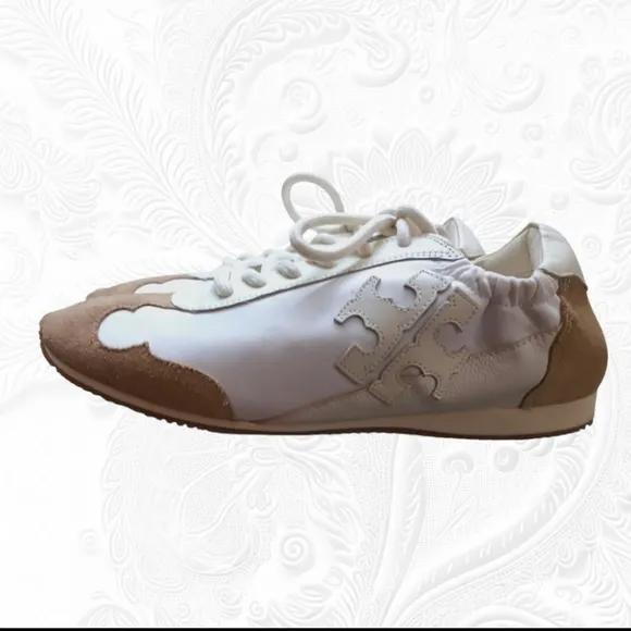 Tory Burch Cerbiatto Suede Leather Nylon Ivory/Tan Sneakers Size 7
