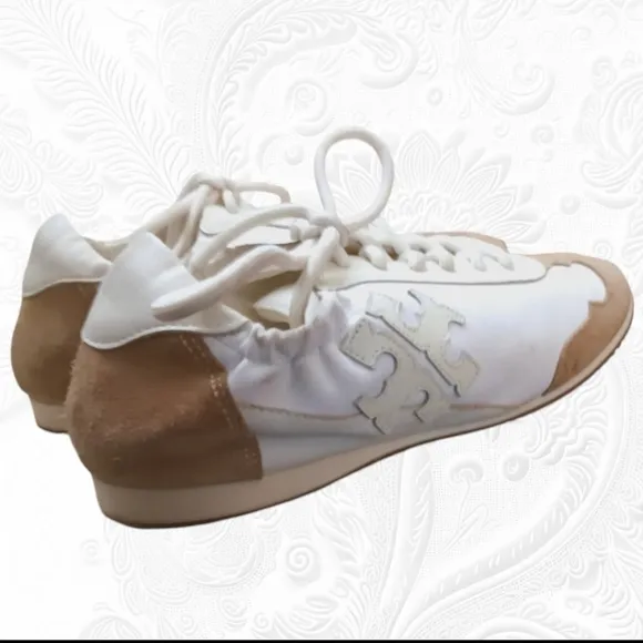 Tory Burch Cerbiatto Suede Leather Nylon Ivory/Tan Sneakers Size 7
