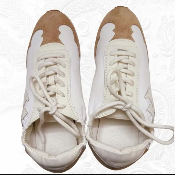 Tory Burch Cerbiatto Suede Leather Nylon Ivory/Tan Sneakers Size 7